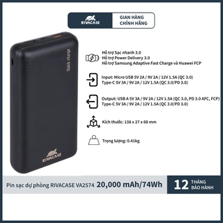 Pin Dự Phòng Sạc Nhanh Rivacase VA2574 20.000mAh Quick Charge 3.0 - Hàng Chính Hãng