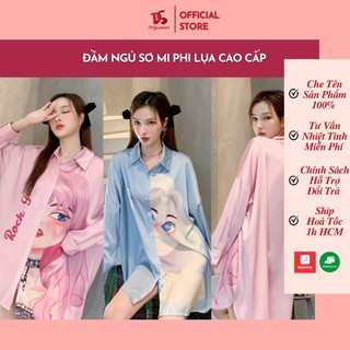 [Cao Cấp] Đầm Ngủ Pajamas Sơ Mi Phom Rộng Phi Lụa Cao Cấp, Đầm Sơ Mi Lụa Satin Mịn Mát &amp; Ít Nhăn Rock Girl
