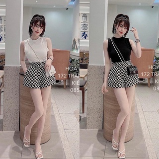 Set áo ba lỗ phối quần kẻ caro siêu cá tính đồ bộ nữ xuân hè ngắn tay HO880