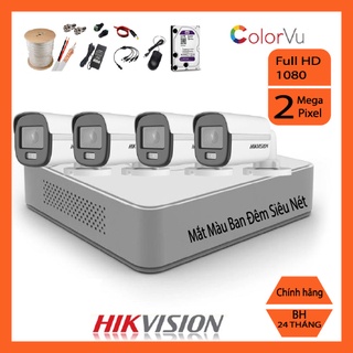 {GIẢM GIÁ} Trọn Bộ 4 Camera Giám Sát Ban Đêm Có Màu HIKVISION Chính Hãng Full HD 1080 - Đầy Đủ Phụ Kiện Lắp Đặt