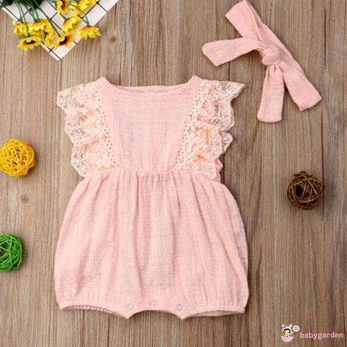 Áo liền quần màu trơn phối ren xinh xắn cho bé