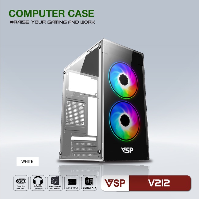 Vỏ Case VSP V212 WHITE ( KÈM 2 FAN LED )