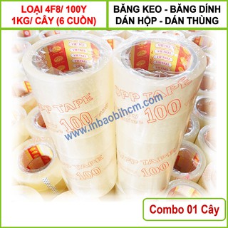 1 CÂY (6 cuộn) Băng keo 100Y, lõi mõng 4 li, 1kg/Cây, loại 4F8, băng keo trong, đục dán thùng giá rẽ, InbaobiHCM
