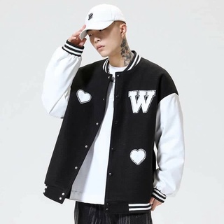 Áo khoác bomber UNISEX, áo bóng chày FORM RỘNG W trái tim tay trắng