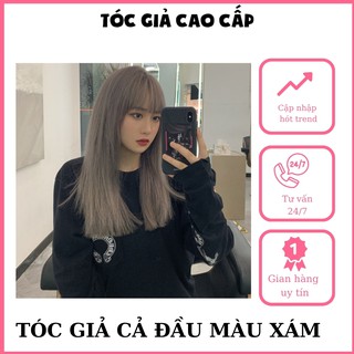 Tóc giả nguyên đầu nữ, thẳng lỡ xám nâu, tặng kèm lưới trùm tóc, wig