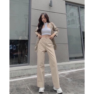Quần jean nữ dáng trơn gấu tua cạp cao, quần ống suông lưng cao phong cách ulzzang màu nâu be chất kaki mềm đẹp