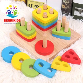 Bộ xếp hình montessori thả khối 4 cọc trụ bằng gỗ
