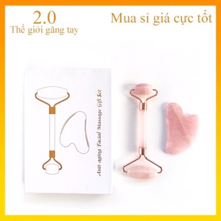 [Siêu Giá Rẻ] Bộ đá guasha và con lăn massage da mặt pha lê hồng cao cấp