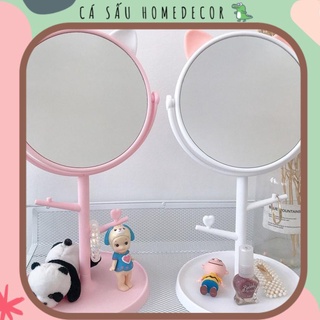 Gương Có Giá Treo Phụ Kiện Make Up Trang Điểm Để Bàn Tai Mèo Xoay 360 Độ Cực Dễ Thương