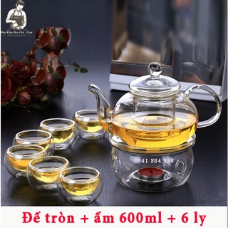 Bộ Ấm Trà Thủy Tinh Chịu Nhiệt(ấm + đế tròn + 6 ly)
