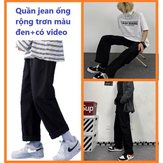 Quần Jean ống rộng trơn màu đen Unisex Nam Nữ có video đủ size