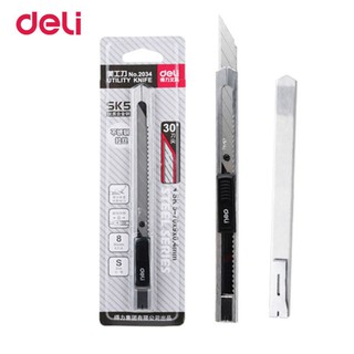 Dao rọc giấy dọc giấy inox DELI 2034 SK5 30 ĐỘ  sử dụng lưỡi dao nhỏ Deli E2034