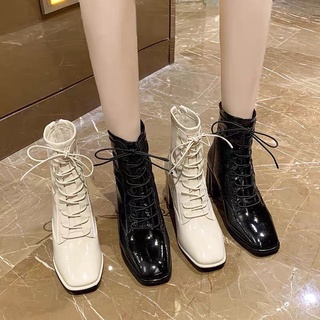 Giày bốt nữ cao cổ nhiều dây 2 loại da Cao Cấp - boots nữ gót vuông Siêu Hottrend