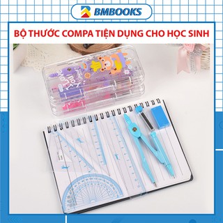 Dụng cụ học tập cute hộp 5 món compa eke thước kẻ và tẩy hình đáng yêu dành cho học sinh sinh viên BMBooks