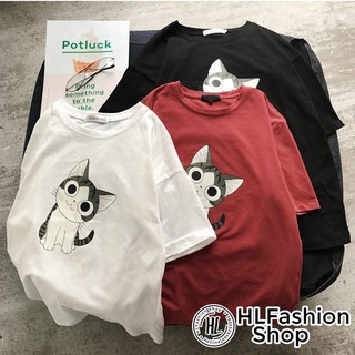 Áo thun tay lỡ form rộng Mèo đáng yêu, áo phông form rộng size HLFashion