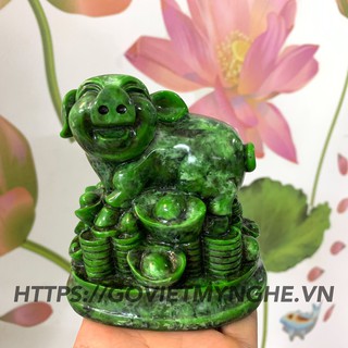 Tượng đá con heo trang trí tượng heo phong thủy - Chiều cao 11cm - Màu xanh lục bích - Đá Composite