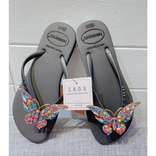 Dép Lào Havaianas Màu Đen Kèm Chamr bướm 7 màu HOT Dép kẹp đi biển, đi chơi, ở nhà cực đáng yêu