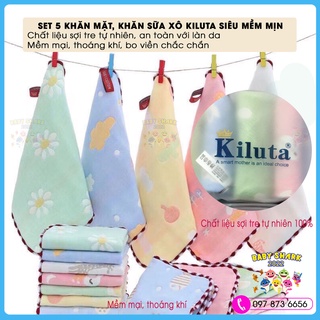 COMBO 5 Khăn mặt, khăn sữa xô 6 lớp siêu mềm mịn, bo viền KILUTA 25x25 cm