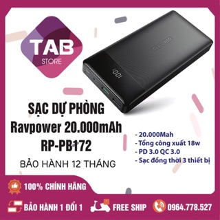 Sạc Dự Phòng Ravpower RP-PB172 - 20000mah - Chính Hãng (Pd 18W - Qc3.0)