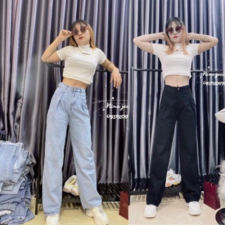 Quần jean nữ ống rộng lưng cao chất vải jean dày đẹp chuẩn shop hình thật