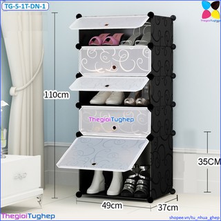 Tủ giầy nhựa lắp ghép 5 ô, có cửa, 5 tầng để được 10 đôi giày, có ô để bốt (Đen vân, Vàng trơn, Xanh dương, Hồng phấn)