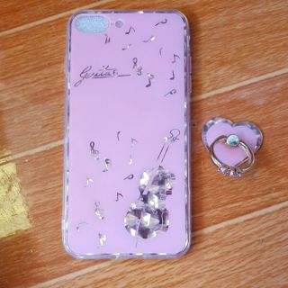 Ốp lưng iPhone 7 Plus / 8 Plus viền dẻo ốp hồng hình vàng đàn guitar kèm nhẫn đính đá cao cấp