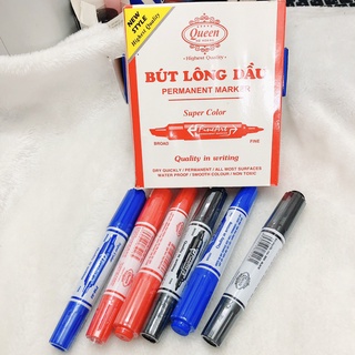 Bút Lông Dầu Mực Xanh, Đỏ, Đen Queen PM-01 hai đầu có nét viết êm, rõ ràng, không nhòe mờ, kích thước ngòi bút 2.5mm