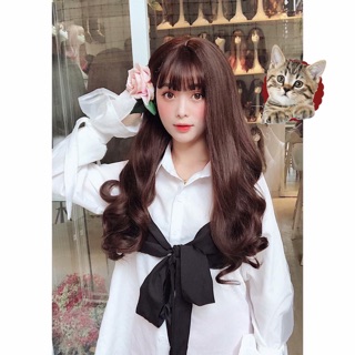 Tóc giả nguyên đầu nữ đẹp xoăn 60cm, C8136, tặng kèm lưới trùm tóc.
