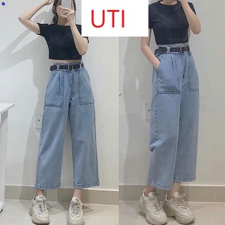 [ RƯNG RƯNG ] QUẦN JEAN ỐNG RỘNG NỮ LƯNG CAO ĐĨA CHÉO 2 TÚI TRƯỚC MÀU XANH NHẠT LAI CUỐN CAO CẤP UTI ĐỦ SIZE SIÊU HOT