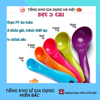 Bộ thìa đong, muỗng đong nhà bếp 5 món (set 5 cái), thìa đo lường, định lượng bột, sữa, thuốc, gia vị bằng nhựa an toàn