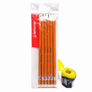 Bộ 6 cây bút chì gỗ STABILO Swano có đầu tẩy thân vàng + chuốt chì PS4538 (PC4905-C6S)