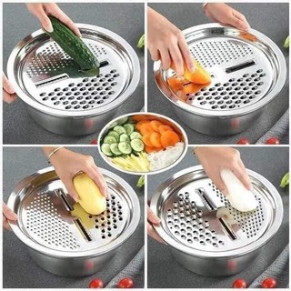 Rổ nạo inox, bộ 3 dụng cụ bào rau củ, gọt rau củ (rau + rổ + mặt bào) Kitchen inox 304 không rỉ có thau đựng.