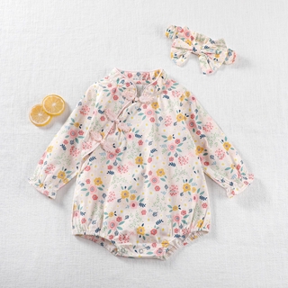 Set áo liền quần kèm băng đô in họa tiết hoa xinh dễ thương cho bé