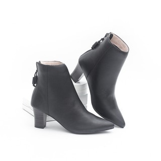 Giày Boot Lửng Cao Gót Mũi Nhọn 6cm Da Thật Màu Đen Pixie P349