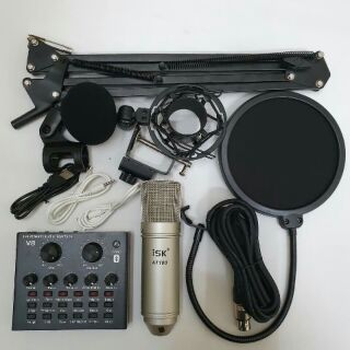 combo bộ míc thu âm livestream hát karaoke online micro ISK AT100 card V8 BLUETHOOTH có auto tune chân kẹp màng lọc