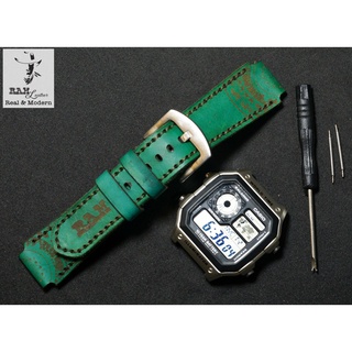 Dây đồng hồ RAM Leather cho CASIO 1200, AE 1200, 1300, 1100, A159 , A168 , Size 18 Trống Đồng Việt Nam xanh