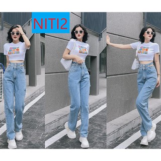 [ CƯNG XỈU ] QUẦN JEAN ỐNG RỘNG NỮ 2 LƯNG MỔ 2 NÚT RÁCH BE TRÁI CAO FORM CHUẨN MÀU XANH NHẠT LAI CUỐN HOT HIT NITIQC