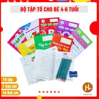 Bộ tập tô cho bé: Hộp 10 bút chì gỗ 2B đầu tẩy kèm gọt và Set 10 tập tô kèm dụng cụ học tập cho bé 4- 6 tuổi