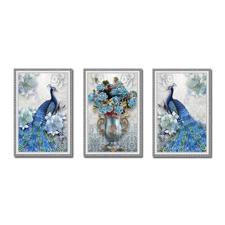 Tranh dán tường bộ 3 khung tranh chim công Tipo_004