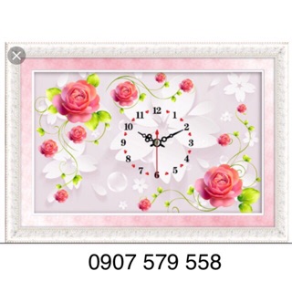 Tranh đính đá đồng hồ hoa hồng kt 80x53cm