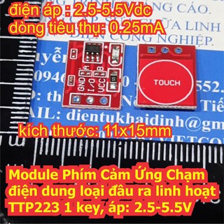 5 cái Module Phím Cảm Ứng Chạm điện dung loại đầu ra linh hoạt TTP223 1 key, áp: 2.5-5.5V kde7041