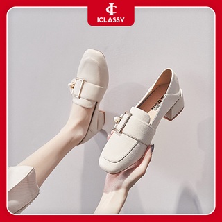 Giày Nữ Dáng Loafer Mũi Vuông Ulzzang Có Khuy Cài Đính Ngọc Gót Vuông 3cm Basic Phong Cách Hàn Quốc - Iclassy_shoes