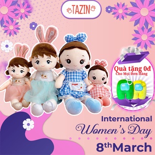 Gấu bông búp bê cutte dễ thương, búp bê bông váy kẻ bờm thỏ cao cấp TAZIN