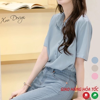 Áo sơ mi nữ kiểu cộc tay xanh ngọc XUU, chất liệu cát hàn mềm mát SM19