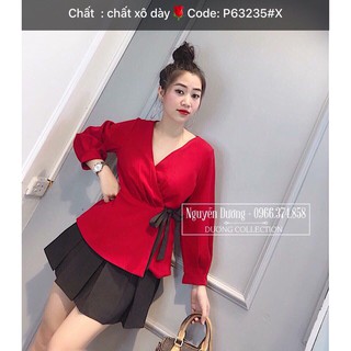 Áo Kiểu Von Cổ V Tay Phồng Kếp Hợp Nơ 1 Bên Eo Nữ Tính TTS0401