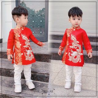 [NHẬP KIDTET hoàn 15% xu đơn 150k] Áo dài cách tân vải gấm 3d hoạ tiết rồng bé trai
