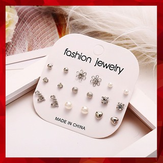 Bộ 18 bông tai nụ mạ bạc 925 nhiều kiểu dáng thay đổi đính đá NO SKU 32 TOBI STORE