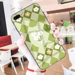 Ốp iphone lưng kính Hoa caro xanh dành cho iphone 6 đến 14promax - K369