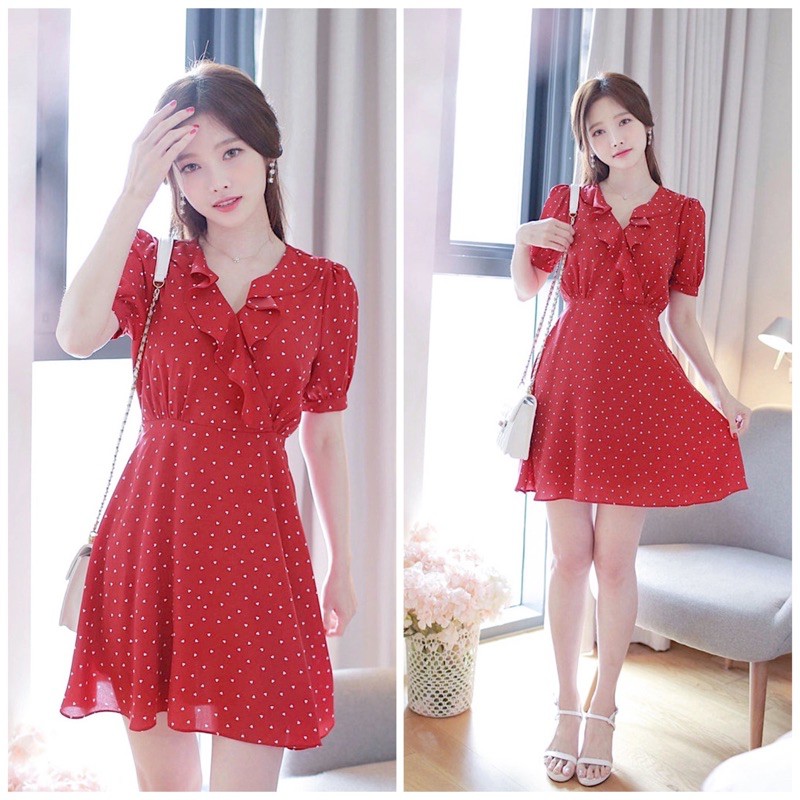 Đầm bi đỏ cổ bèo nơ eo (kèm hình thật)