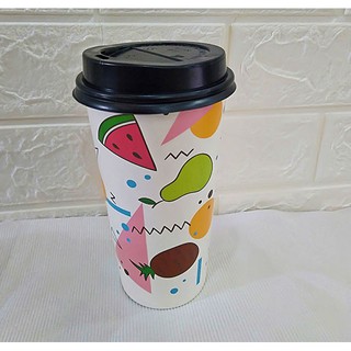 50 Ly giấy trà sữa take away có nắp in hình Trái cây 22oz - 650ml